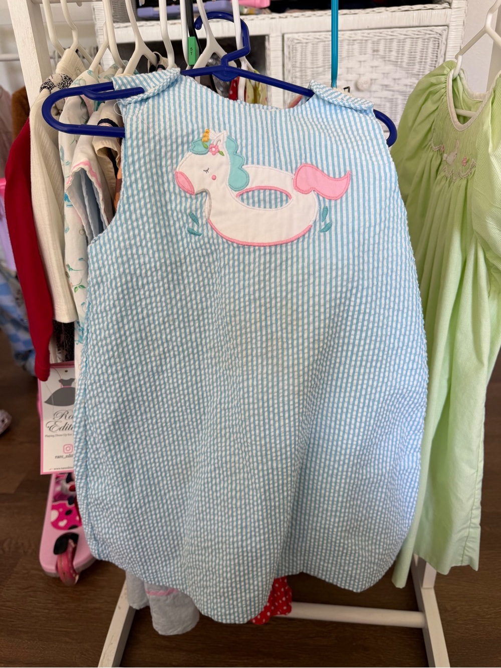 Petit Ami Blue and Pink Seersucker Dress with Unicorn Applique